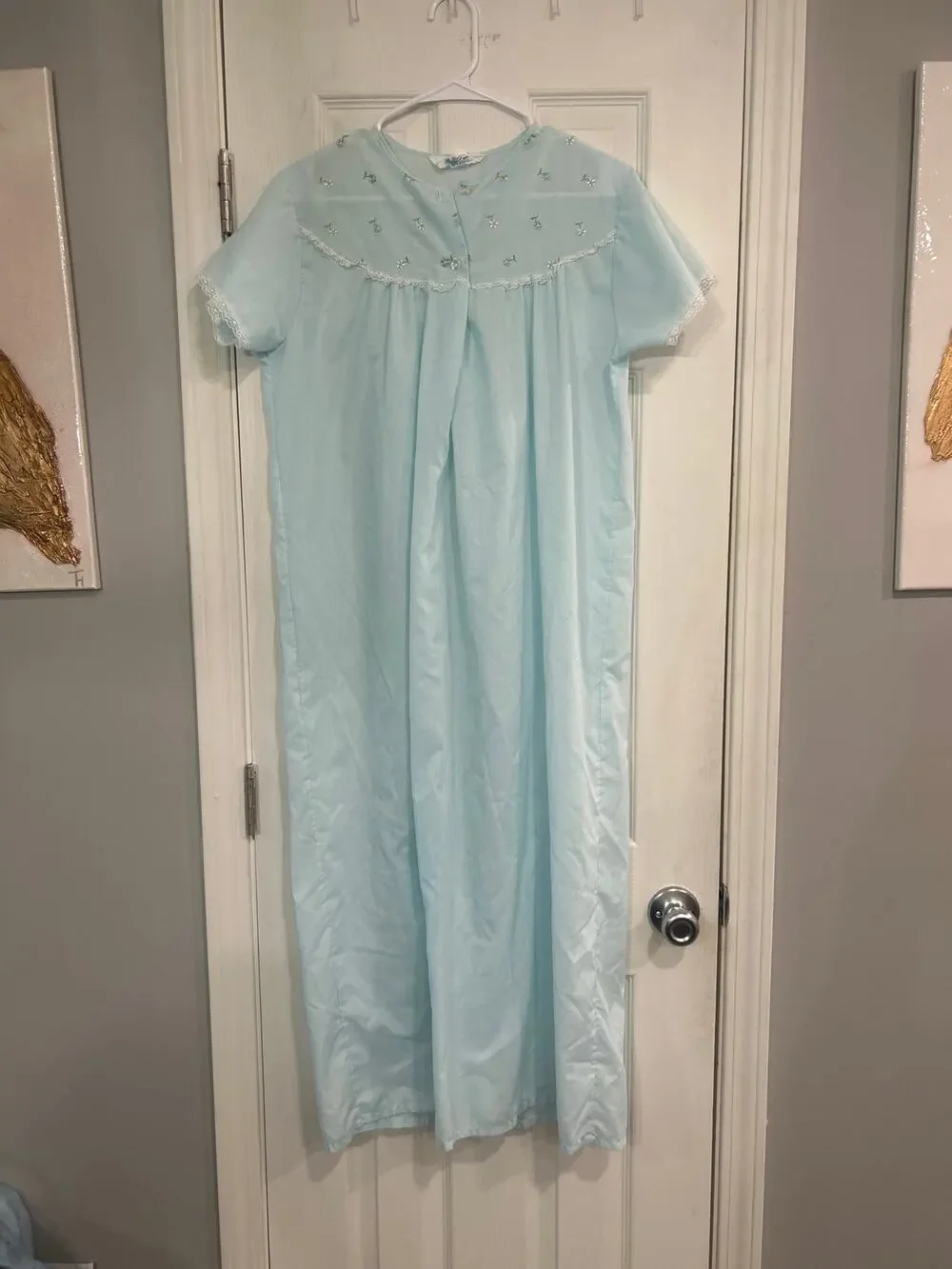 Vintage Katz Light Blue Embroidered Long Nightgown Cottagecore Medium Large